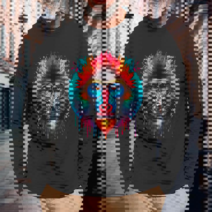 クールなタイダイサングラスマンドリルイラストアート 長袖Tシャツ 高齢者への贈り物