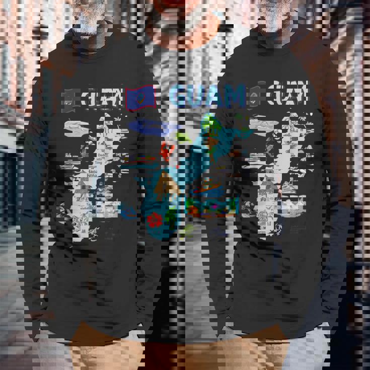 グアム、主要都市、旗、アメリカの観光名所地図 長袖Tシャツ 高齢者への贈り物