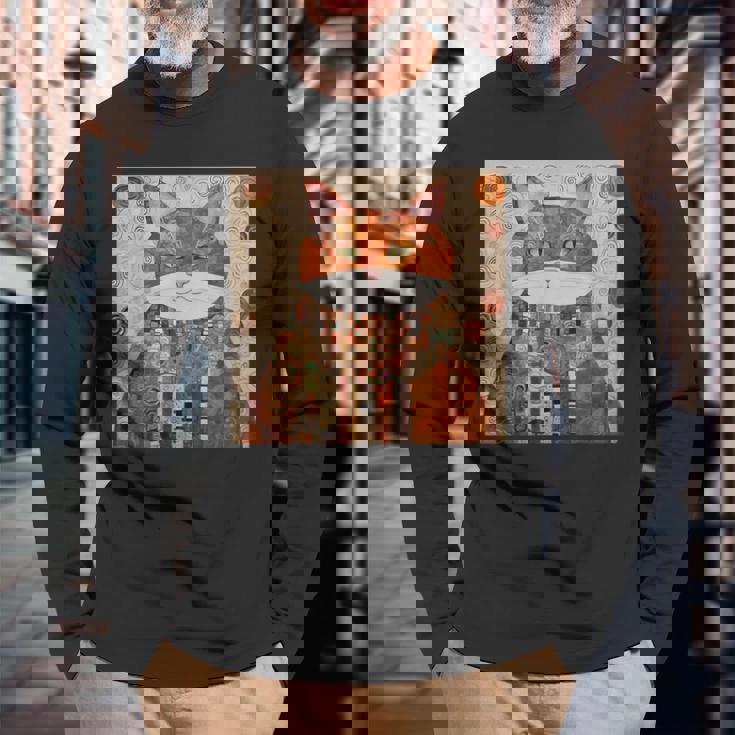 グスタフ・クリムト 幾何学模様の猫 長袖Tシャツ 高齢者への贈り物