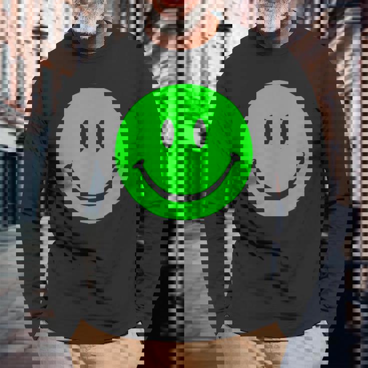 グリーン スマイリーフェイス レトロ グリーン ハッピーフェイス 長袖Tシャツ 高齢者への贈り物