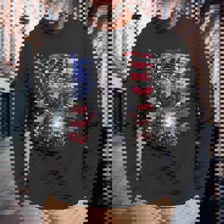 グレー 猫 ねこ バイク 星条旗 アメリカ 長袖Tシャツ 高齢者への贈り物