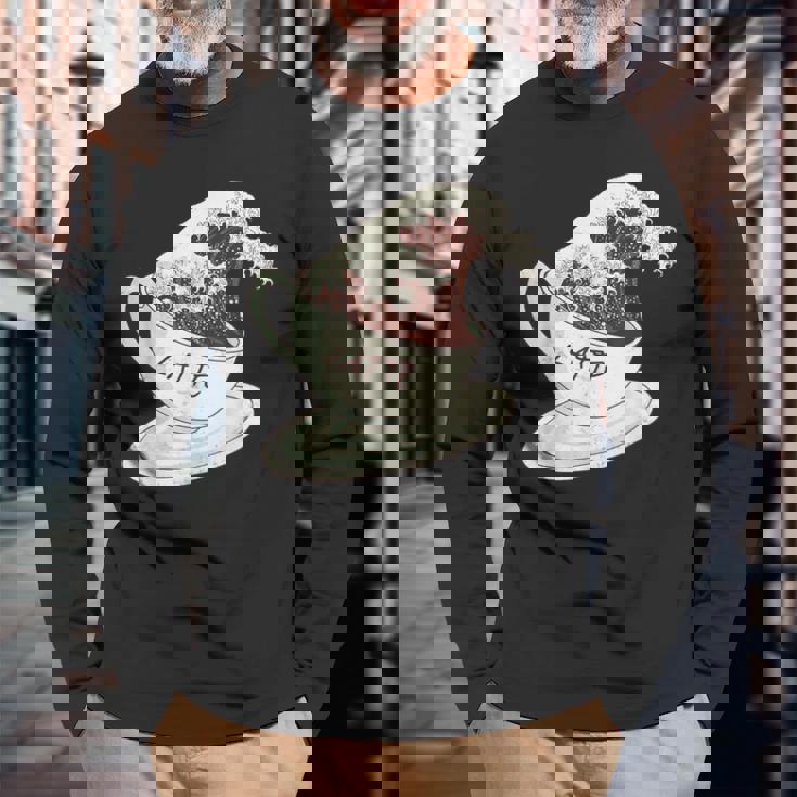 グレートウェーブ カフェラテ コーヒー カフェイン 神奈川 北斎 長袖Tシャツ 高齢者への贈り物