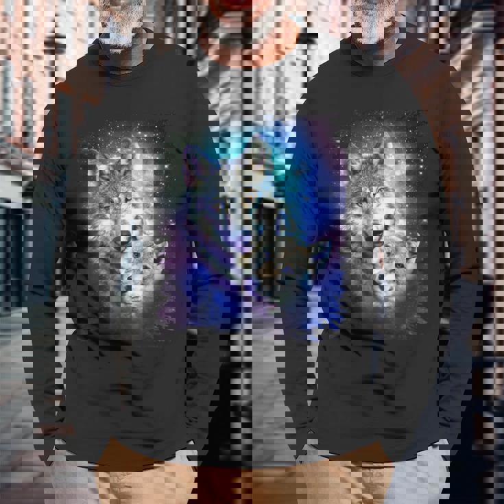 コズミックスペース オオカミ 家族 オオカミ 顔 長袖Tシャツ 高齢者への贈り物