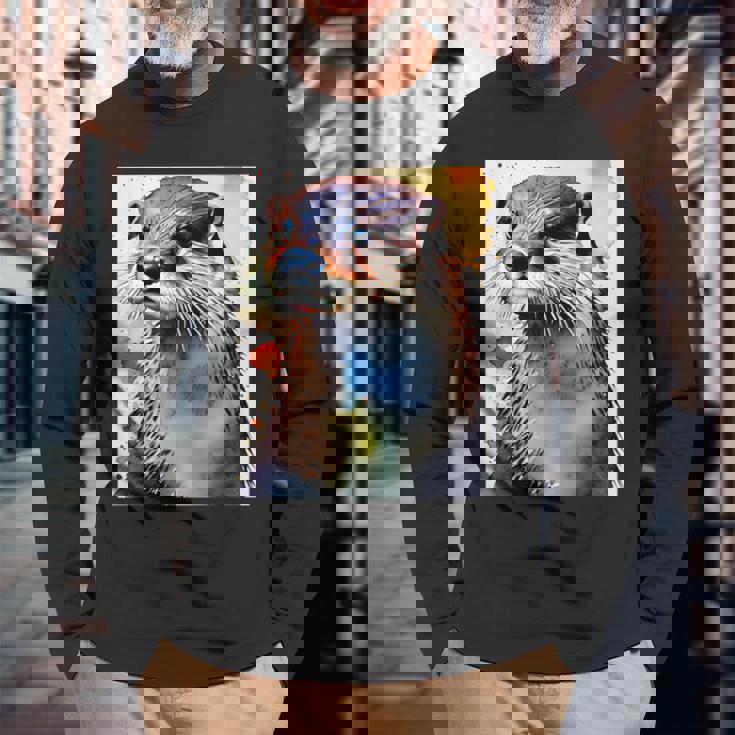 コツメカワウソ【どうぶつフレンズ】水彩画 動物 かわいい おしゃれ イラスト 長袖Tシャツ 高齢者への贈り物