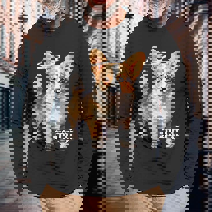 コーギー 天使 子犬 水彩 長袖Tシャツ 高齢者への贈り物