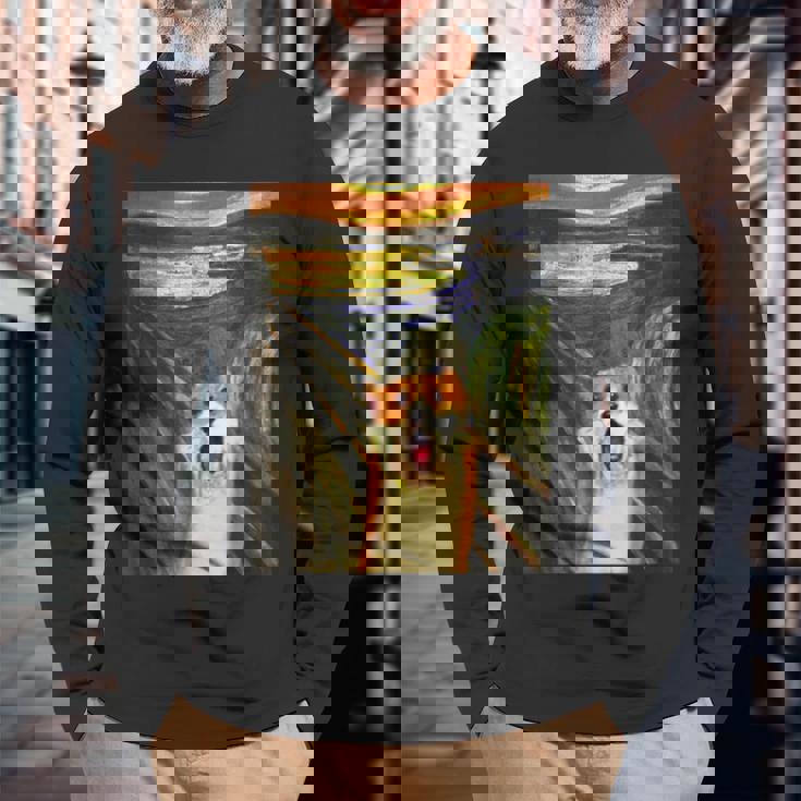 コーギー 面白いtシャツ 犬 ムンクの叫び かわいい メンズ 子供 おもしろ 服 グッズ ネタ わんこ 長袖Tシャツ 高齢者への贈り物