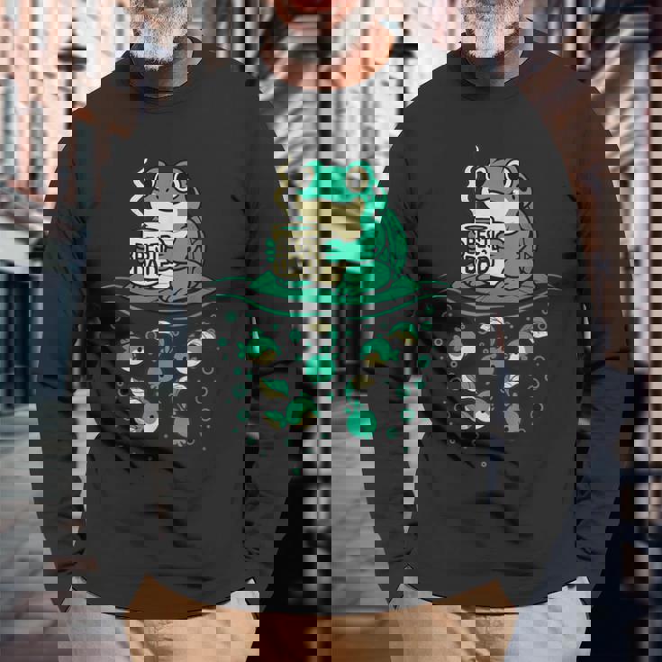 コーヒーとオタマジャクシのアートで面白い最高のお父さんカエル 長袖Tシャツ 高齢者への贈り物