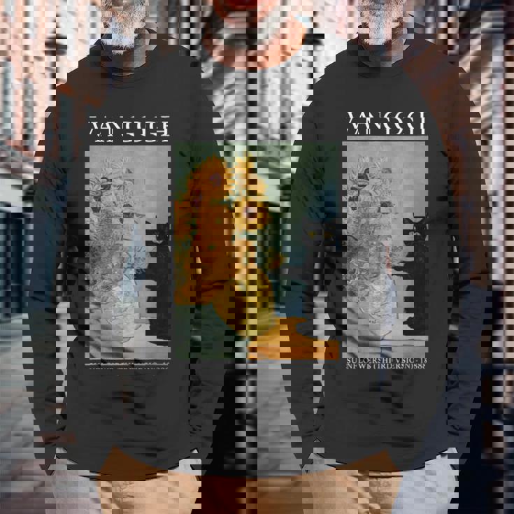 ゴッホ 黒猫 ひまわり おもしろ猫 長袖Tシャツ 高齢者への贈り物