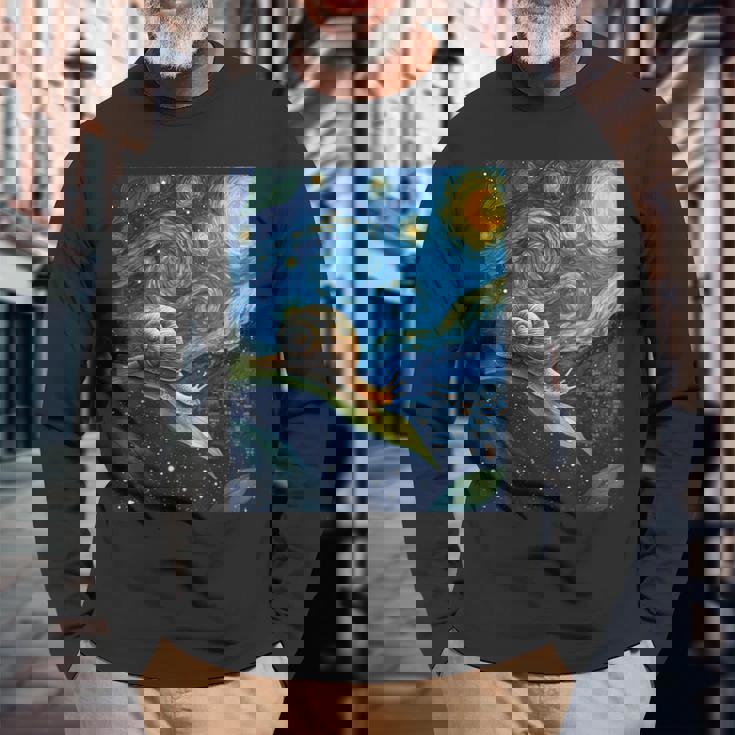 ゴッホの星空の夜のカタツムリスローモーバー動物愛好家 長袖Tシャツ 高齢者への贈り物