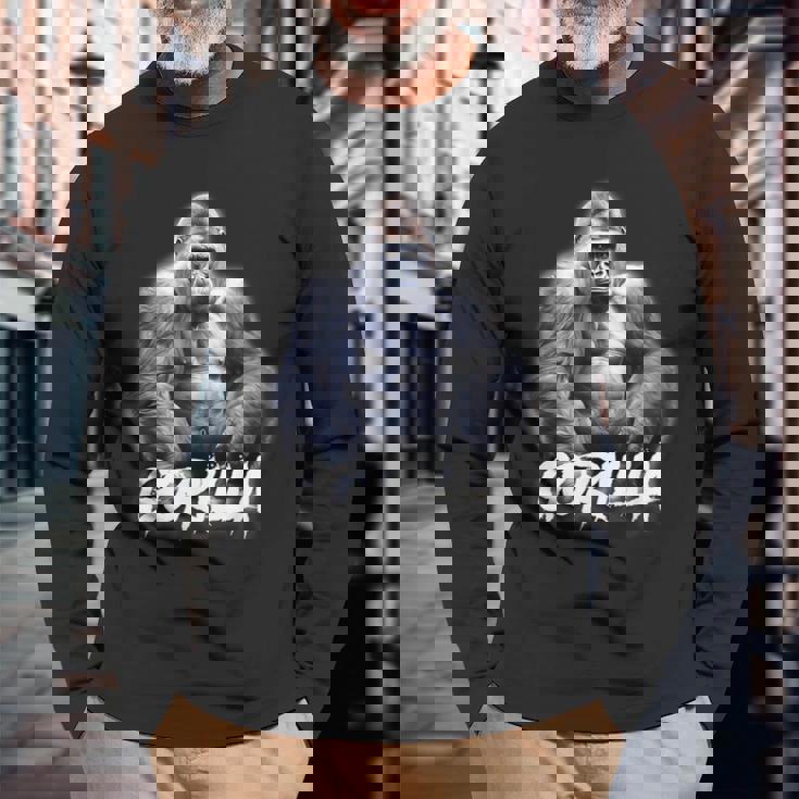 ゴリラ×シルバーバックゴリラ霊長類 長袖Tシャツ 高齢者への贈り物