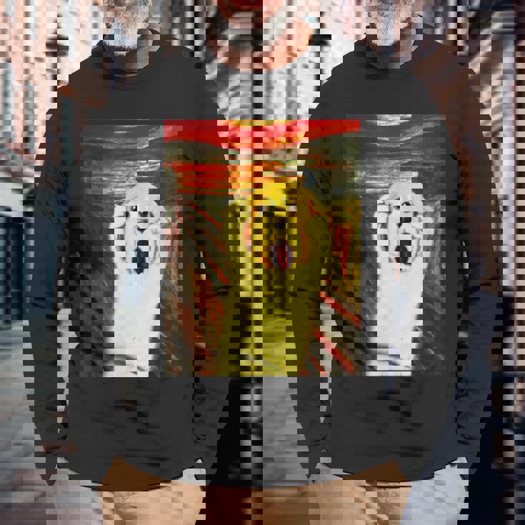 ゴールデンレトリバー 面白いtシャツ 犬 ムンクの叫び かわいい メンズ 子供 おもしろ 服 グッズ ネタ 長袖Tシャツ 高齢者への贈り物