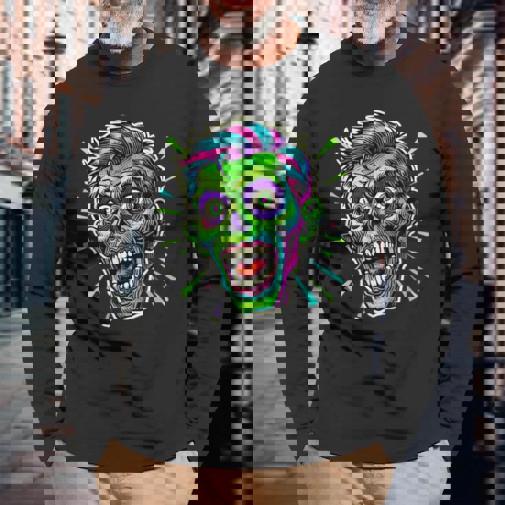 サイケデリック ゾンビヘッド ホラーアート 不気味なアンデッド 長袖Tシャツ 高齢者への贈り物