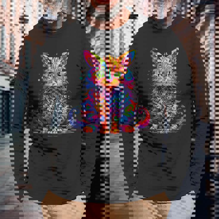 サイケデリック マンガ 猫 カラフル ファンタジー 曼荼羅スタイル 長袖Tシャツ 高齢者への贈り物
