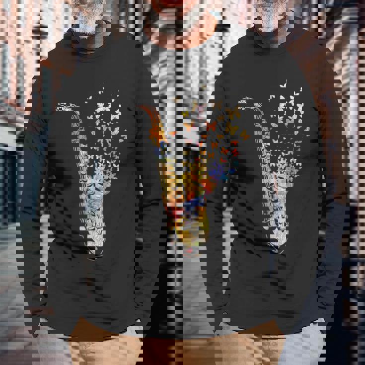 サクソフォニスト コロラド 蝶 音符 ジャズサックス 長袖Tシャツ 高齢者への贈り物