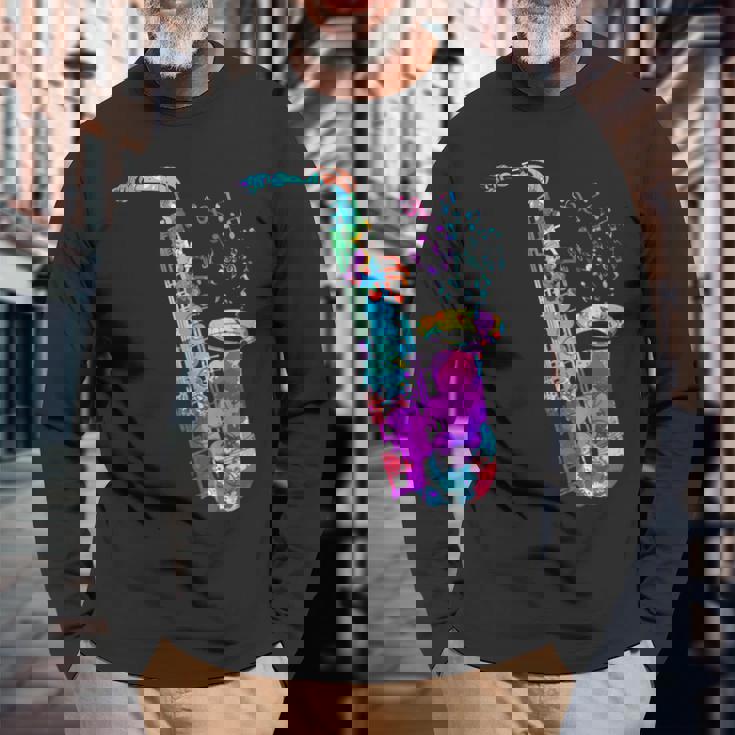 サクソフォン プレーヤー ジャズ 音符 サクソフォン カラフル サックス 長袖Tシャツ 高齢者への贈り物
