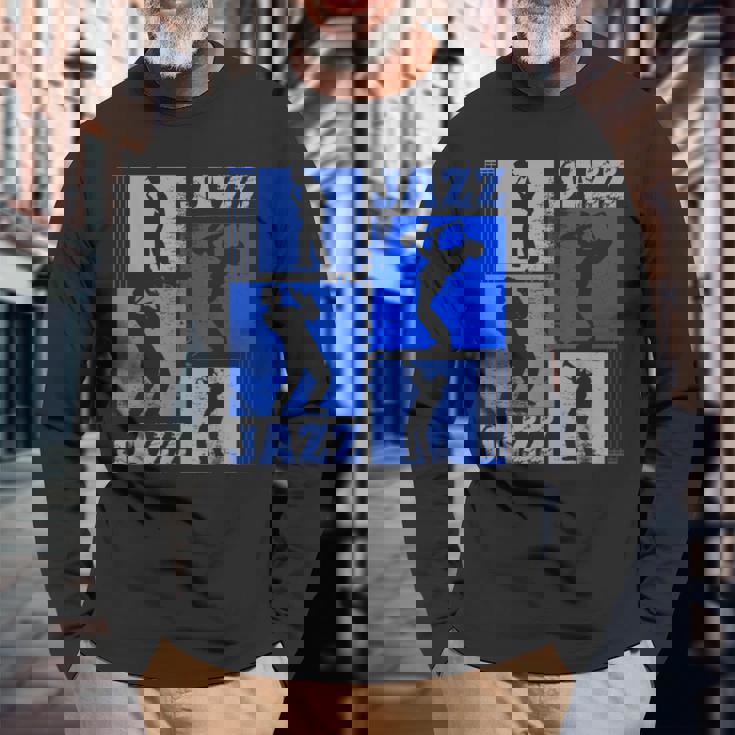 サクソフォーン奏者ジャズミュージシャンブルーミュージック 長袖Tシャツ 高齢者への贈り物