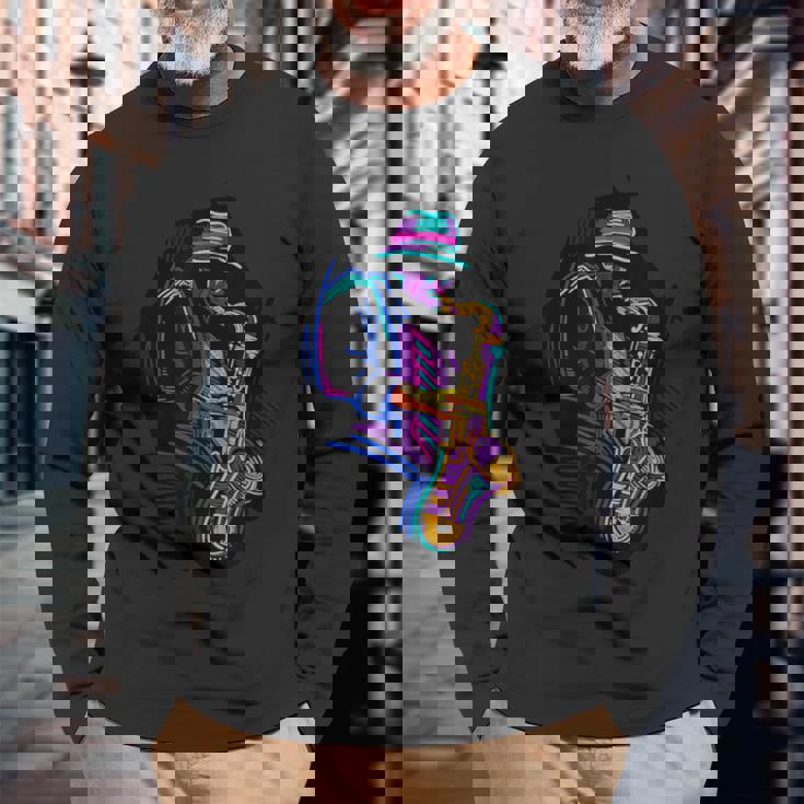 サックス奏者 ジャズ好きのためのカラフルなラインアート 長袖Tシャツ 高齢者への贈り物