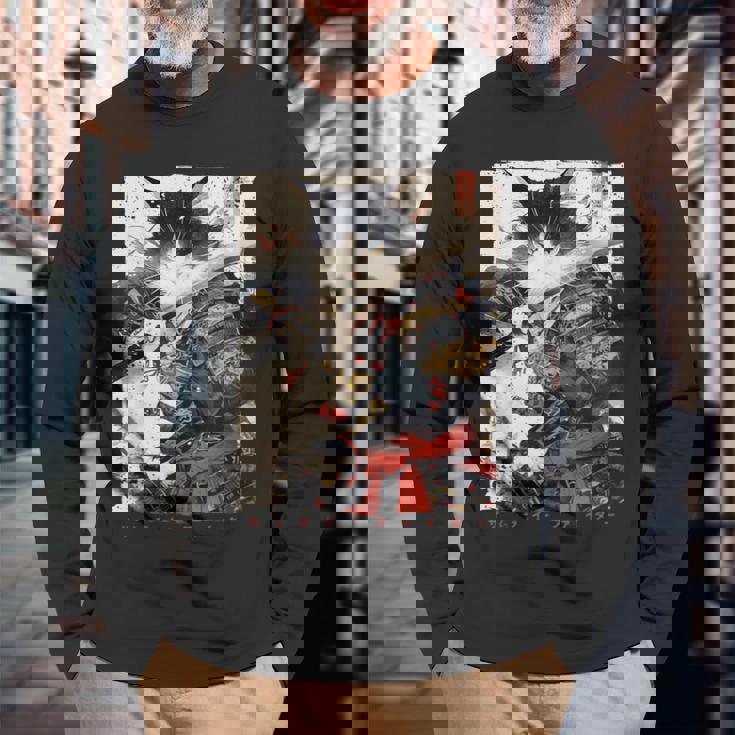 サムライ 猫戦士 浮世 墨絵 猫 サムライ 長袖Tシャツ 高齢者への贈り物