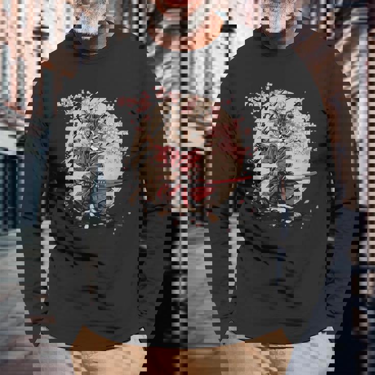 サムライキャット 日本戦士 サクラツリー 日本忍者 猫 長袖Tシャツ 高齢者への贈り物