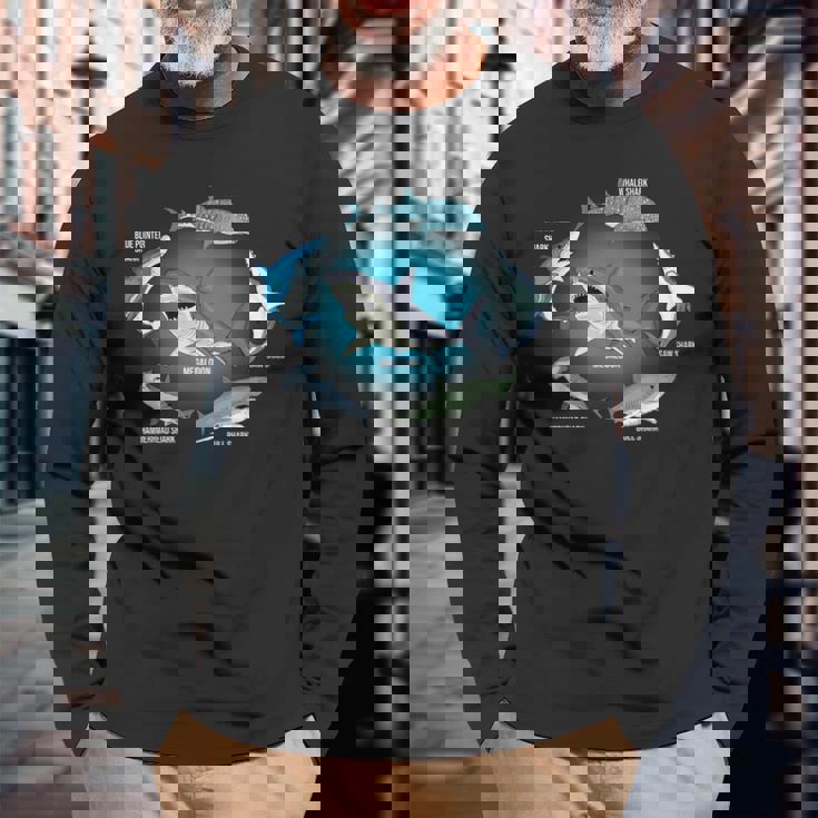 サメ6種 サメタイプ サメ 海の生き物 メガロドン サメ 長袖Tシャツ 高齢者への贈り物