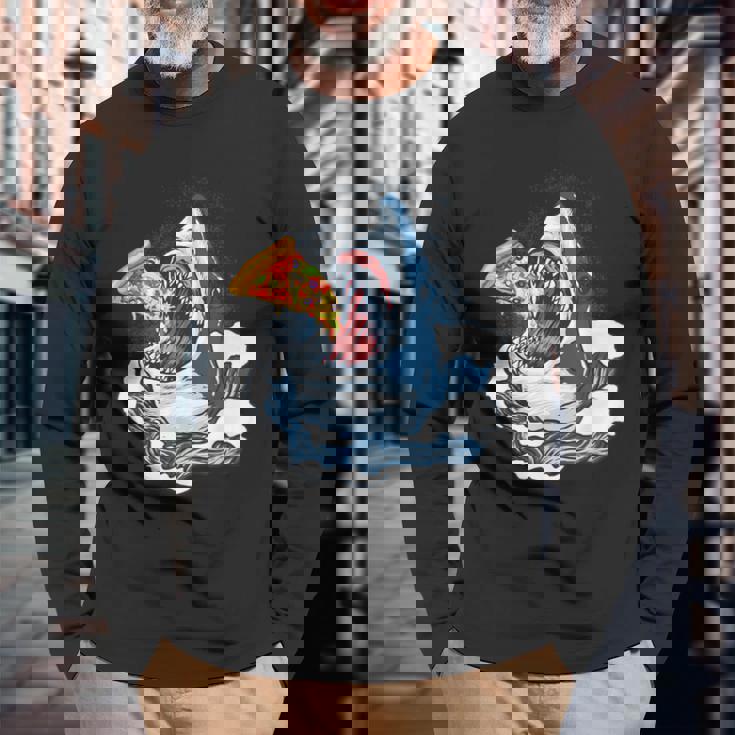 サメが食べるピザ サメグッズ ジョーズ 長袖Tシャツ 高齢者への贈り物