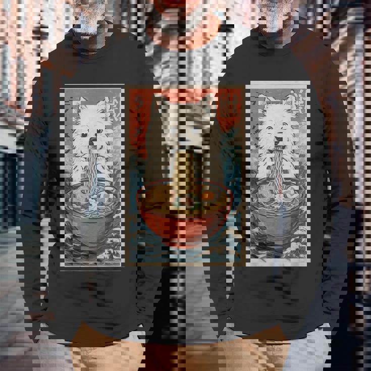 サモエド 食べる ラーメン カワイイ アニメ 犬好き 長袖Tシャツ 高齢者への贈り物