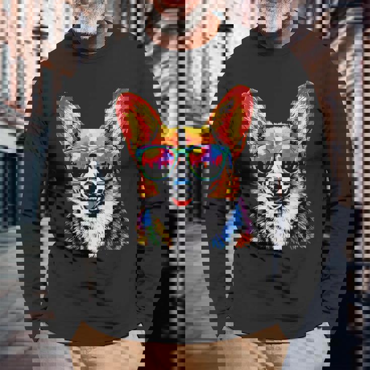 サングラスとコーギー ウェルシュ・コーギー犬 甘いウェルシュ・コーギー 長袖Tシャツ 高齢者への贈り物