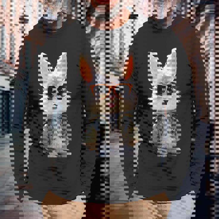 サングラスをかけたうさぎ 茶色のうさぎ かわいいうさぎ 長袖Tシャツ 高齢者への贈り物