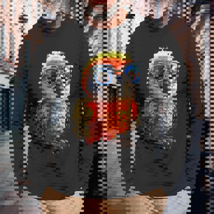 サングラスをかけたインコ コンゴウインコ オカメインコ かわいいインコ 長袖Tシャツ 高齢者への贈り物