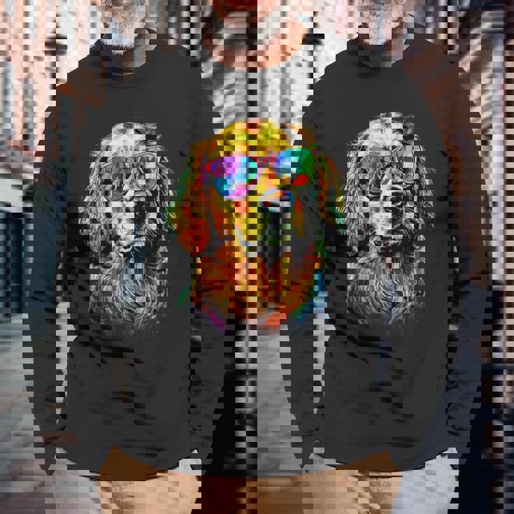 サングラスをかけたゴールデン・レトリーバー 犬が大好き 長袖Tシャツ 高齢者への贈り物