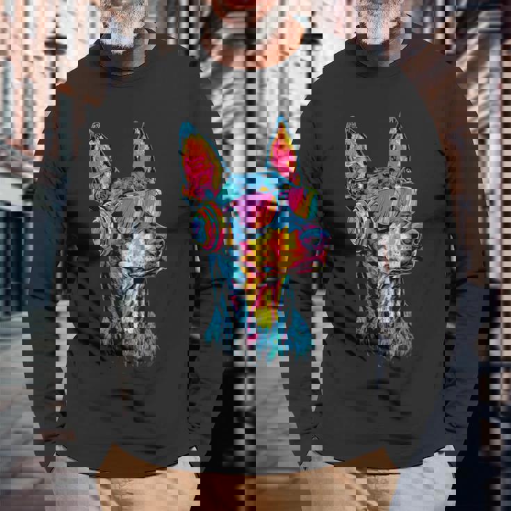 サングラスをかけたドーベルマン 犬のモチーフ 誇り高いドーベルマン 長袖Tシャツ 高齢者への贈り物