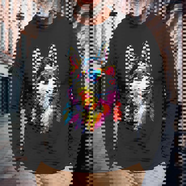 サングラスをかけたハスキー犬 私はシベリアンハスキーが大好きです。 長袖Tシャツ 高齢者への贈り物