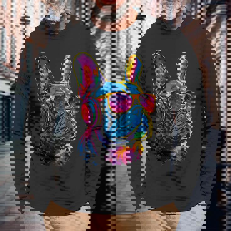 サングラスをかけたフレンチ・ブルドッグ ブルドッグ・マスティフ 長袖Tシャツ 高齢者への贈り物