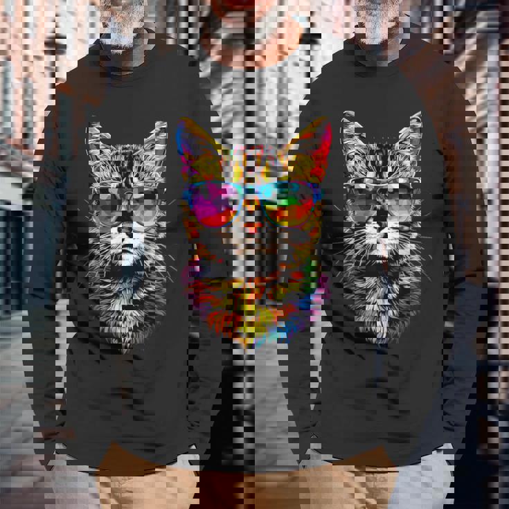 サングラスをかけたベンガル猫 レオパデット かわいいベンガル猫 長袖Tシャツ 高齢者への贈り物