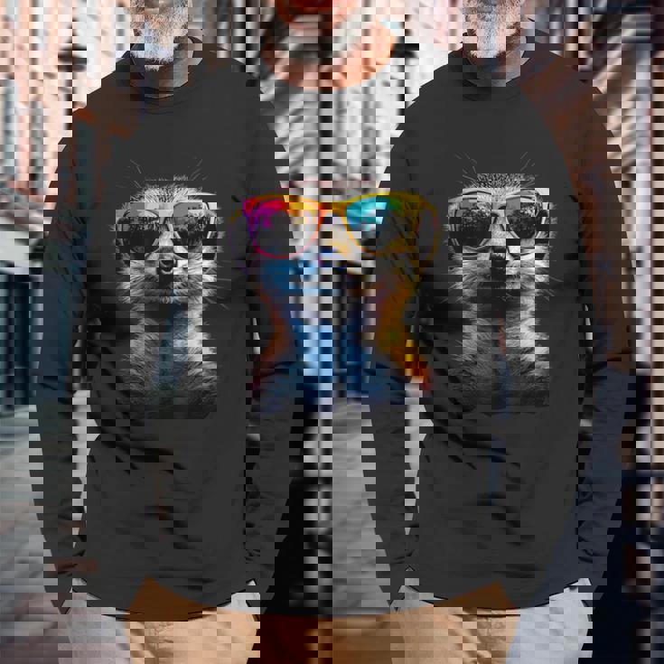 サングラスをかけたミーアキャット カラフルかわいいミーアキャット 長袖Tシャツ 高齢者への贈り物