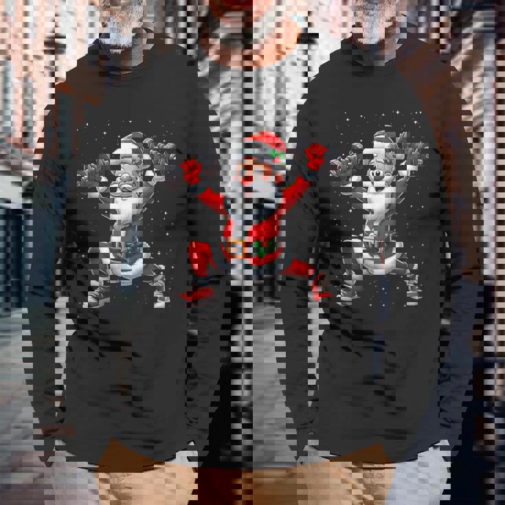 サンタ ウエイトリフティング ジム トレーニング クリスマス フィットネス 長袖Tシャツ 高齢者への贈り物