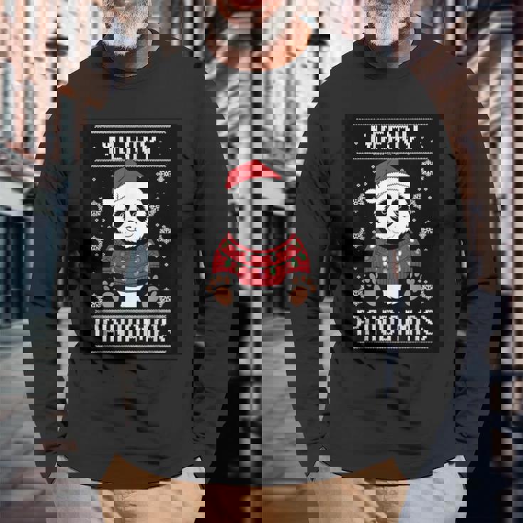 サンタ帽子付きパンダ 醜いクリスマス X-Mas 長袖Tシャツ 高齢者への贈り物