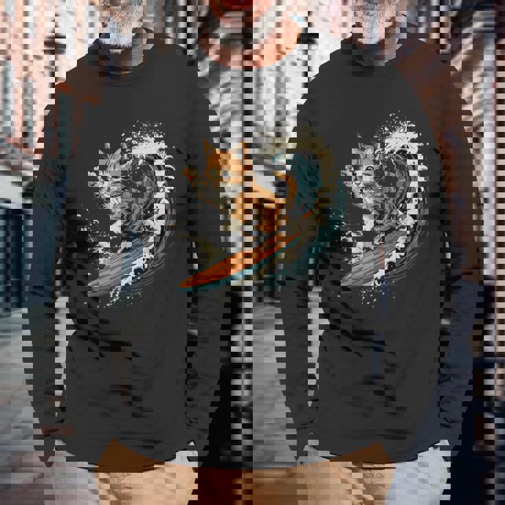 サーファー猫 サーフィン 長袖Tシャツ 高齢者への贈り物