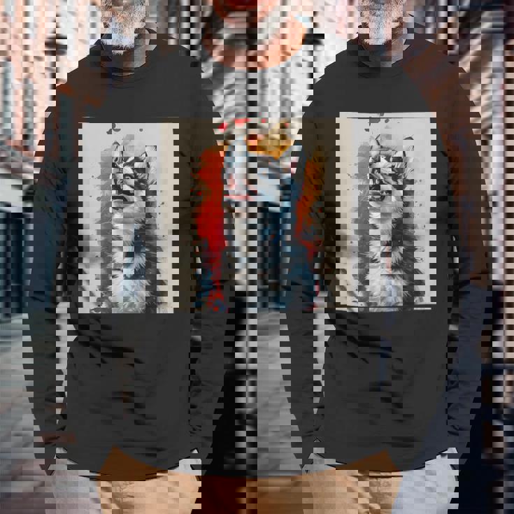 シベリアンハスキー子犬の笑いグラフィック。 長袖Tシャツ 高齢者への贈り物