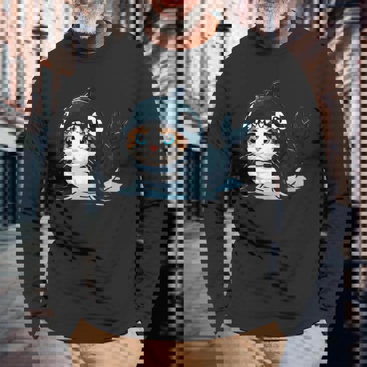 シャチの猫 コスチューム 長袖Tシャツ 高齢者への贈り物