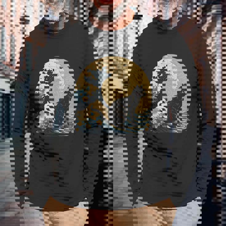 シュールレアリズム 日本画 黒猫 長袖Tシャツ 高齢者への贈り物