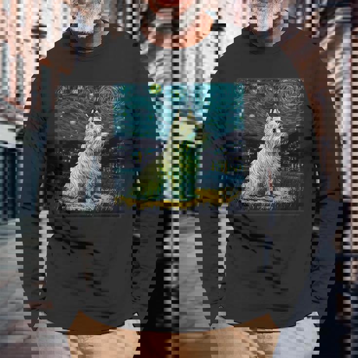 シュールレアリズム 星月夜 ウェスティ 犬 長袖Tシャツ 高齢者への贈り物