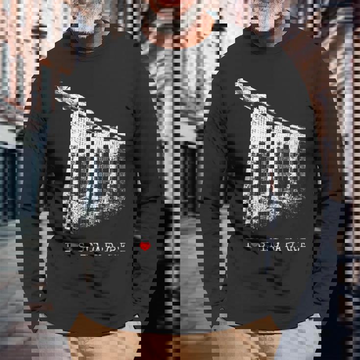 シンガポール マリーナベイ ヴィンテージ スカイライン アジア アイラブシンガポール I Loveingapore 長袖Tシャツ 高齢者への贈り物