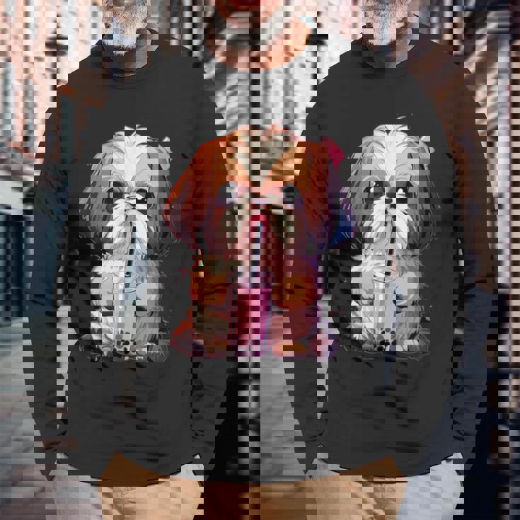 シーズー ボバティー バブルティー アニメ カワイイ 犬 長袖Tシャツ 高齢者への贈り物