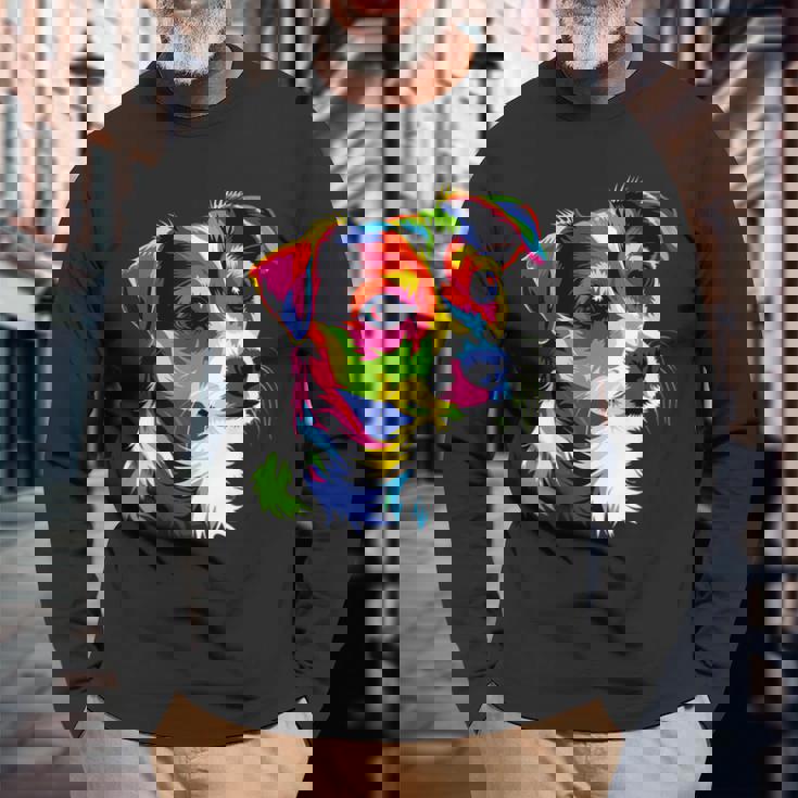 ジャック・ラッセル・テリア ブライトカラー ポップアート 愛犬家 長袖Tシャツ 高齢者への贈り物