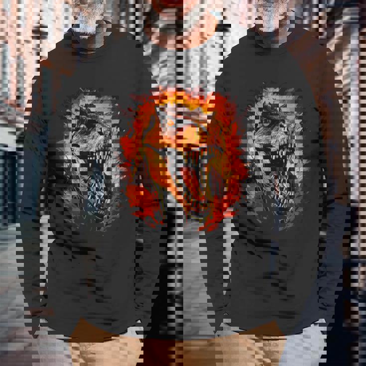 ジュラシックワールド ティラノサウルスレックス 恐竜の肖像画 長袖Tシャツ 高齢者への贈り物