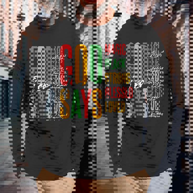 ジューンティーンス・ブラック・ガール・クリスチャン・ゴッドは私が強く祝福されていると言う 長袖Tシャツ 高齢者への贈り物