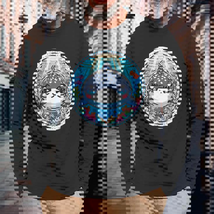 ジンベイザメ、ジンベエザメのアニメ、カワイイ・ジンベエザメ 長袖Tシャツ 高齢者への贈り物