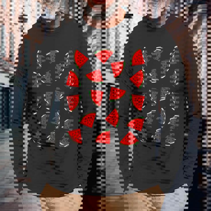 スイカ柄 夏 フルーツ 恋人 フルーツ スライス 種 長袖Tシャツ 高齢者への贈り物