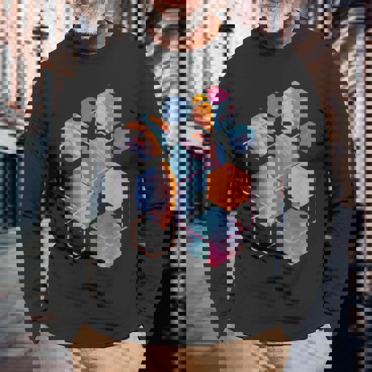 スタイリッシュ ティール オレンジ 六角形 モダン シェイプ マニア 長袖Tシャツ 高齢者への贈り物